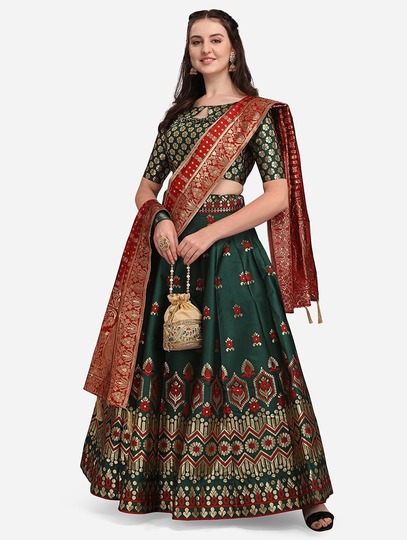 bottle green banarasi semi-stitched lehenga choli with dupatta